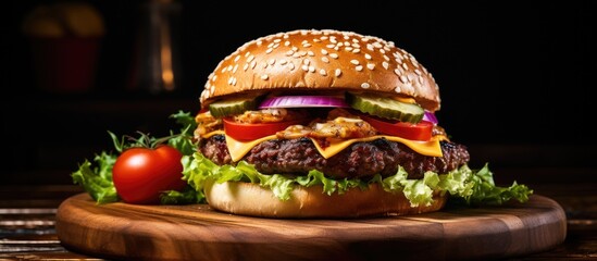 Delicious cheeseburger closeup with lettuce and tomato