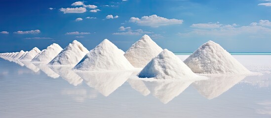 Salt piles in salt lake with blue sky