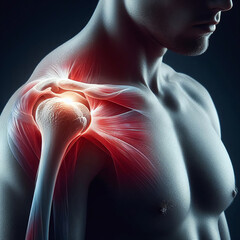 A digital illustration depicting a person with highlighted shoulder pain, emphasizing musculoskeletal health issues.