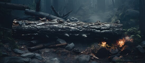 Fire Burning Close to Fallen Tree in Forest - obrazy, fototapety, plakaty
