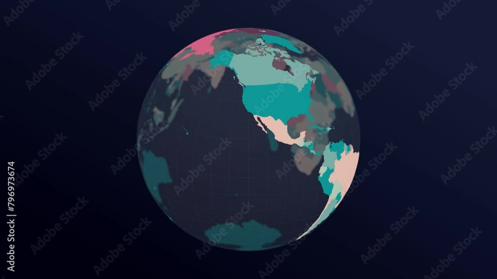 Poster the globe with world map. dark translucent earth planet in teal rose colors rotating. second turn ch