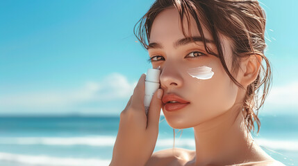 Close up portrait of an attractive woman with sun cream on her face against a beach background