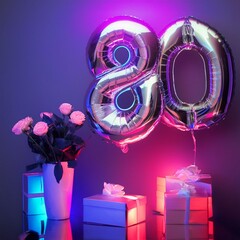 Silver Anniversary  helium balloons number 80 with flowers and beautifully wrapped gifts