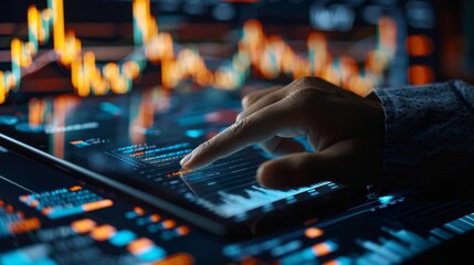 Individual engages with advanced touchscreen interface presenting financial data analysis