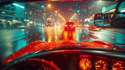 a speeding car through the nighttime streets of an illuminated city - ai generative 