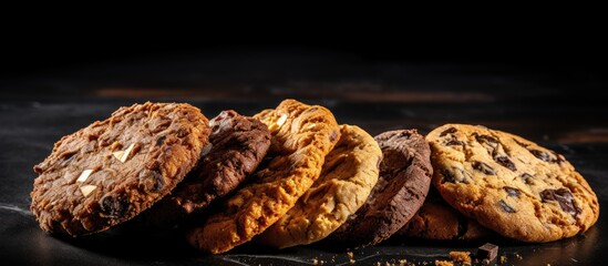 A stack of assorted cookies on a wooden table