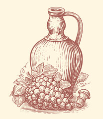 Obraz premium Clay jug with wine drink and bunch grapes. Winemaking, winery sketch. Hand drawn vintage vector illustration