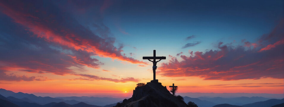 Silhouettes of crucifix symbols perched atop mountain ridges, contrasting with the hues of the vibrant sky.