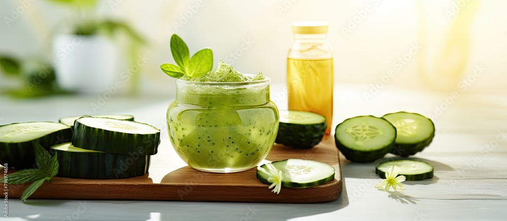 Poster glass of refreshing cucumber juice with slices