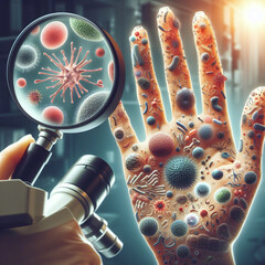 An illustration depicting a hand with magnified germs and bacteria, conveying the concept of hygiene and infection control.