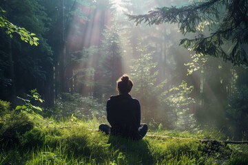 A person is sitting in a grassy field, looking up at the sun