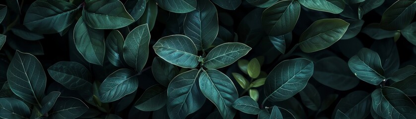 Dark green leaves in the forest, top view, with a dark background, in a highly detailed and intricate style with fine details, in the style of professional color grading, in a cinematic photographic s