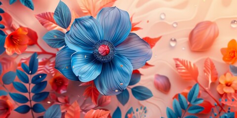Digital Art of Blue Flower with Abstract Pink and Red Background, Elegant Abstract Blue Floral Design on a Warm Pink Backdrop