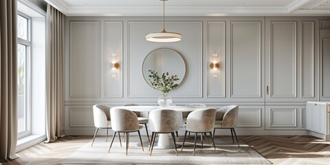Contemporary Dining Room Interior Design Ideas, Modern Dining Table and Chairs Set with Elegant Gray Paneling