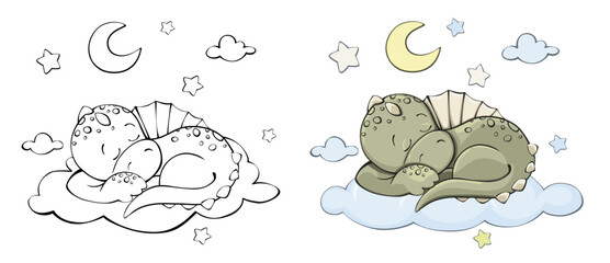 dinosaur, clouds, stars, moon, set of illustrations