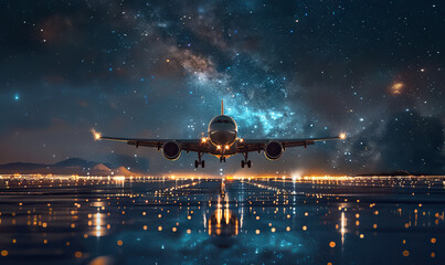 A commercial airplane taking off from a runway at night with a star-filled sky and Milky Way in the background. Generate AI