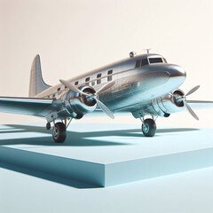 Vintage airplane model displayed on a blue platform with a minimalist background.