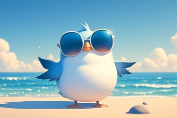 Cartoon seagull wearing sunglasses, character design, adorable eyes - obrazy, fototapety, plakaty
