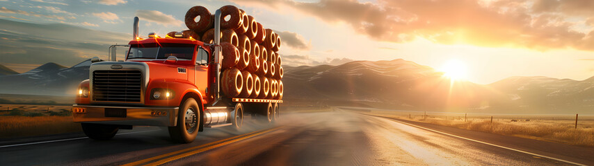 Cargo truck full of donuts on the road in the french countryside and sunset. Concept of high...