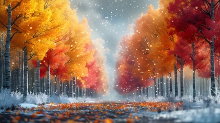 a world of fantasy and wonder, where the forest comes alive with the vibrant colors of autumn, portrayed in a row of majestic trees stretching as far as the eye can see