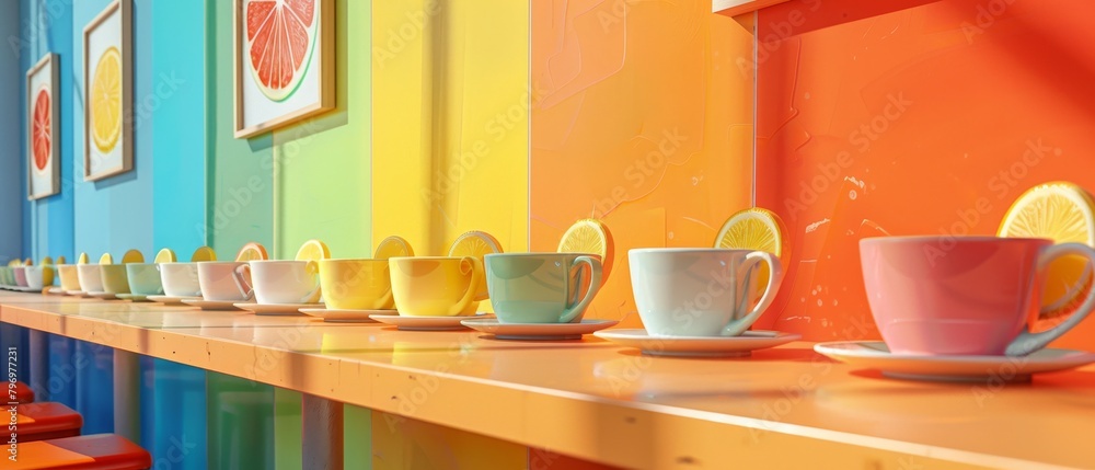 Poster a row of colorful cups and plates are lined up on a table