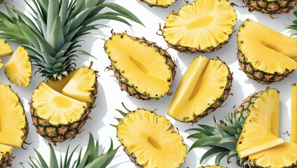 Sliced Pineapples Arranged on a White Background Seamless Vector Pattern.