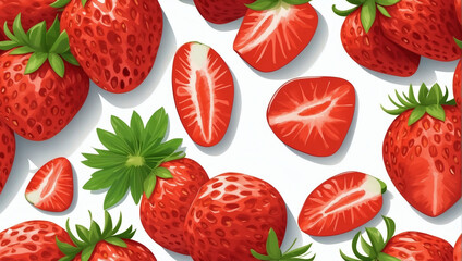 Sliced Strawberries Arranged on a White Background Seamless Vector Pattern.