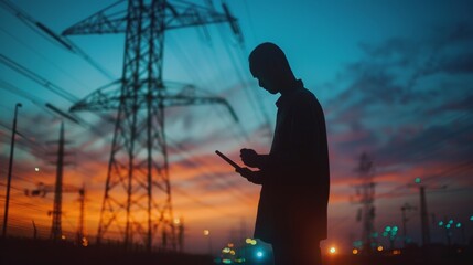 Fototapeta premium Silhouette of a male engineer reviewing data on a tablet at sunset with power lines in the background