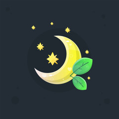 Moon Glossy Yellow Golden Game Icon Badge With Green Branch And Stars Isolated Vector Design