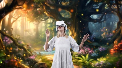 Excited girl wearing VR in living room to connect meta surround fantasy jungle neon light falling...