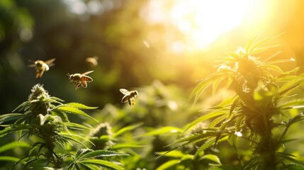 Bees and cannabis plant growing in outdoor field in a large plantation farm.