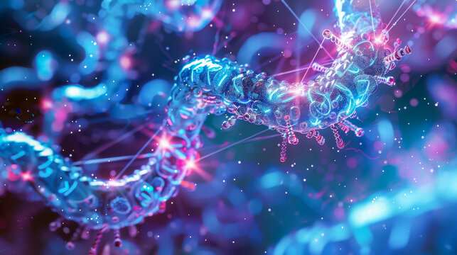 A blue and purple image of a DNA strand with a pink and purple glow
