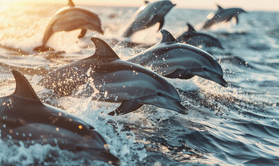 A vibrant capture of dolphins jumping out of the ocean with water splashes. Generate AI