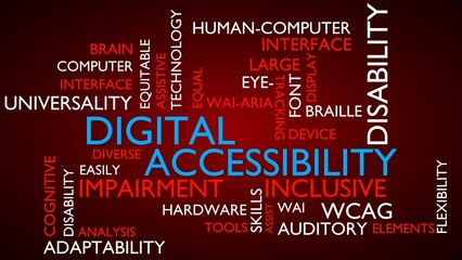 Digital Accessibility word tag cloud. 3D rendering, red variant