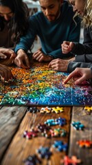 A group of people are playing a jigsaw puzzle game on a wooden table