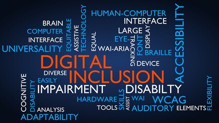 Digital Inclusion word tag cloud. 3D rendering, blue variant