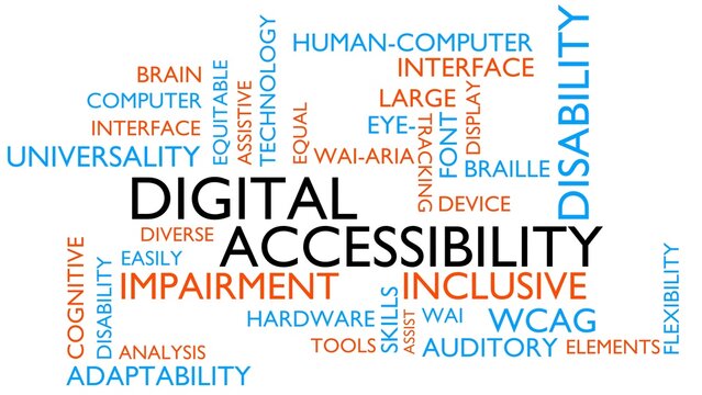 Digital Accessibility word tag cloud. 3D rendering, white variant