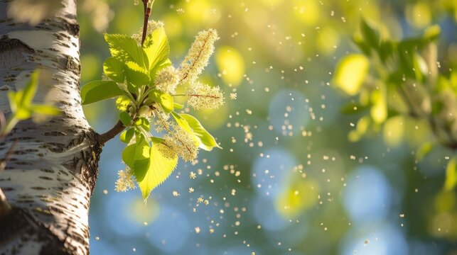 Spring field with tree leaf branches and pollen flying in air in allergic season.