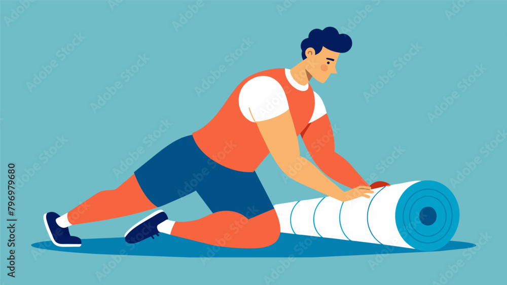 Poster using a foam roller a fighter massages their muscles between training sessions aiding in muscle reco