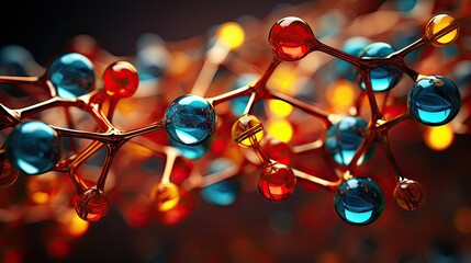Complex molecular structure with spherical particles. Futuristic technology style. Illustration for banner, poster, cover, brochure or presentation.