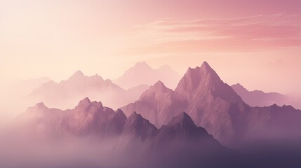 Panoramic view of a mountain range with peaks in monochrome. Foggy and overcast. Illustration for cover, card, postcard, interior design, banner, poster, brochure or presentation. - 796979618