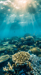 A beautiful underwater scene with a lot of coral and fish