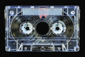 A clear plastic cassette tape with a black label
