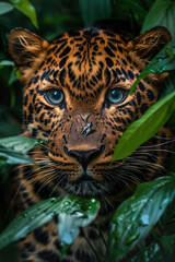 A close up of the face and eyes of an Amur leopard
