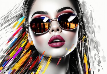 Beautiful young woman in sunglasses. Fashionable image of the model. The female image is drawn. Illustration for poster, cover, brochure, card, postcard, interior design or print. - 796979893