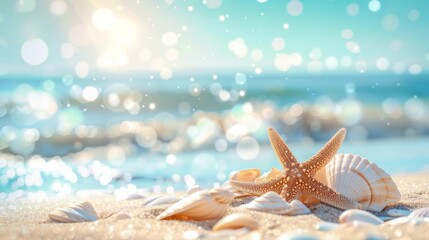 Serene beach scene with starfish and shells on the sandy shore, sparkling ocean backdrop, and a sunlit, bokeh effect. Summer holiday background