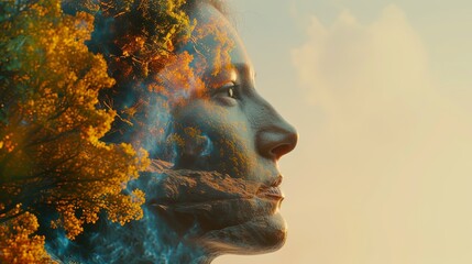 Double exposure combines a male face and a branching tree with green foliage. The concept of the unity of nature and man. The vitality of the human soul in nature illustration. Design for cover. - 796980290