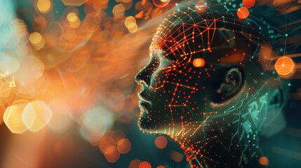 Cybernetic mind, AI neural network visualization. AI humanoid head profile with a digital neural network pattern against a bokeh-style circuit board backdrop