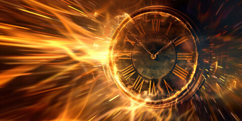 An old golden burning clock, time travel