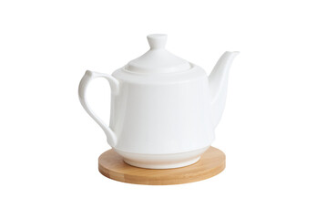 White ceramic kettle on wooden stand on transparent background